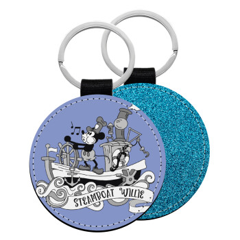 Mickey steamboat, Μπρελόκ Δερματίνη, στρογγυλό ΜΠΛΕ (5cm)