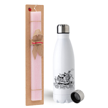 Mickey steamboat, Easter Set, metallic stainless steel water bottle (750ml) & scented flat Easter candle (30cm) (PINK)
