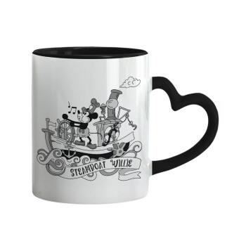 Mickey steamboat, Κούπα καρδιά χερούλι μαύρη, κεραμική, 330ml
