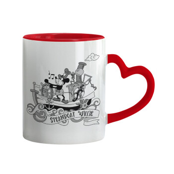 Mickey steamboat, Κούπα καρδιά χερούλι κόκκινη, κεραμική, 330ml