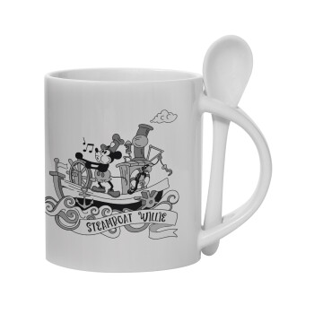 Mickey steamboat, Ceramic coffee mug with Spoon, 330ml (1pcs)
