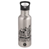 Water bottle Silver with straw, stainless steel 600ml