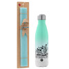 Easter Set, Metallic green/white thermos (Stainless steel), double-walled, 500ml & scented flat Easter candle (30cm) (TURQUOISE)