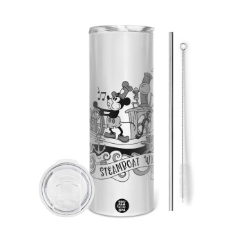 Mickey steamboat, Tumbler ποτήρι θερμό από ανοξείδωτο ατσάλι 600ml, με μεταλλικό καλαμάκι & βούρτσα καθαρισμού