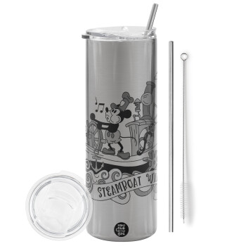 Mickey steamboat, Tumbler ποτήρι θερμό Ασημένιο από ανοξείδωτο ατσάλι 600ml, με μεταλλικό καλαμάκι & βούρτσα καθαρισμού