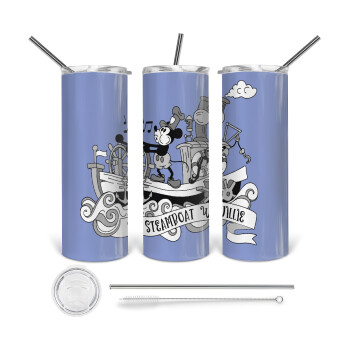 Mickey steamboat, Tumbler ποτήρι θερμό από ανοξείδωτο ατσάλι 600ml, με μεταλλικό καλαμάκι & βούρτσα καθαρισμού