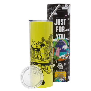 Mickey steamboat, Neon Yellow Travel Tumbler, with metal straw (Stainless steel 304 Food grade, BPA free, 600ml)