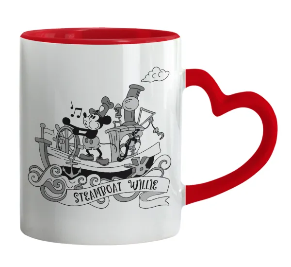 Mickey steamboat — Κούπα καρδιά χερούλι κόκκινη, κεραμική, 330ml