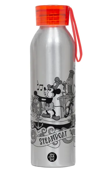 Mickey steamboat — Αλουμινένιο Αθλητικό Μπουκάλι 650ml – Ασημί με Κόκκινο Καπάκι και Λουράκι Σιλικόνης