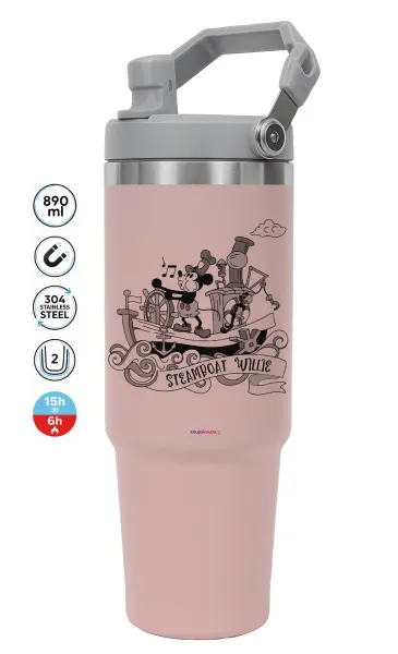Mickey steamboat — ΡΟΖ Travel Tumbler Θερμός με χερούλι και καλαμάκι 890ml