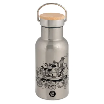 Mickey steamboat, Stainless steel metallic thermos flask, silver with a bamboo lid, double-walled, 350ml.