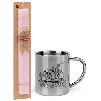 Mickey steamboat, Easter Set, metallic thermal cup (300ml) & aromatic flat Easter candle (30cm) (PINK)