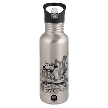 Mickey steamboat, Water bottle Silver with straw, stainless steel 600ml