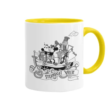 Mickey steamboat, Κούπα χρωματιστή κίτρινη, κεραμική, 330ml