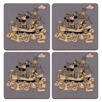 Mickey steamboat, ΣΕΤ x4 Σουβέρ ξύλινα τετράγωνα plywood (9cm)
