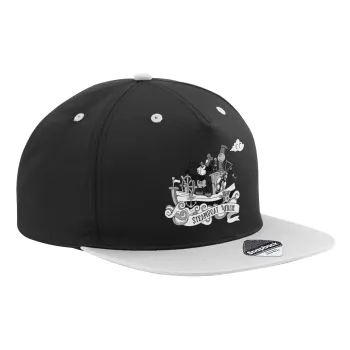 Mickey steamboat, Adult Flat Snapback Hat Black/Grey, (100% COTTON TWILL, ADULT, UNISEX, ONE SIZE)
