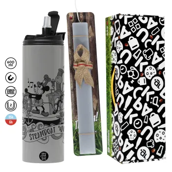 Mickey steamboat, Πασχαλινή Λαμπάδα με Travel Tumbler θερμό (600ml, BPA free) & κερί αρωματικό πλακέ (30cm) (ΓΚΡΙ)