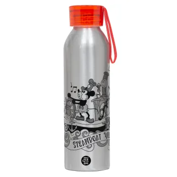 Mickey steamboat, Αλουμινένιο Αθλητικό Μπουκάλι 650ml – Ασημί με Κόκκινο Καπάκι και Λουράκι Σιλικόνης