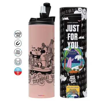 Mickey steamboat, Tumbler ποτήρι θερμό ΡΟΖ από ανοξείδωτο ατσάλι 600ml
