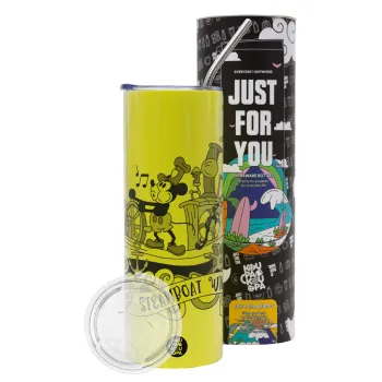 Mickey steamboat, Neon Yellow Travel Tumbler θερμό, μεταλλικό καλαμάκι(Ανωξείδωτο 304 Food grade, BPA free, 600ml)