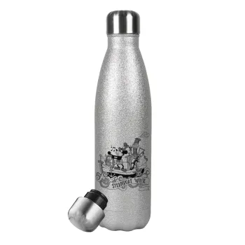Mickey steamboat, Metallic Glitter Silver Thermos Flask (Stainless steel), double-walled, 500ml