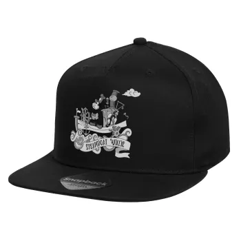 Mickey steamboat, Children's Flat Snapback Hat, Black (100% COTTON, CHILD, UNISEX, ONE SIZE)