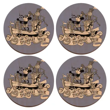 Mickey steamboat, ΣΕΤ x4 Σουβέρ ξύλινα στρογγυλά plywood (9cm)