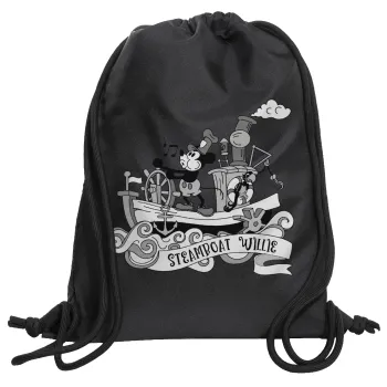 Mickey steamboat, Backpack pouch GYMBAG Black, with pocket (40x48cm) & thick cords