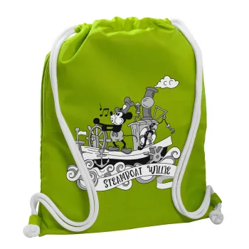Mickey steamboat, Backpack bag GYMBAG LIME GREEN, with pocket (40x48cm) & thick cords
