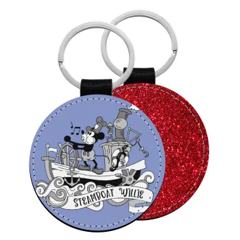 Mickey steamboat, Μπρελόκ Δερματίνη, στρογγυλό ΚΟΚΚΙΝΟ (5cm)