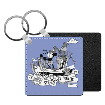 Mickey steamboat, Μπρελόκ Δερματίνη, τετράγωνο ΜΑΥΡΟ (5x5cm)