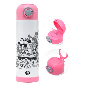 Mickey steamboat, Children's hot water bottle, stainless steel, with safety straw, PINK (500ml)