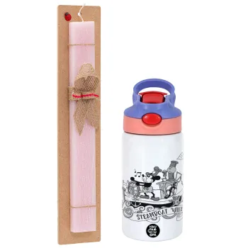 Mickey steamboat, Easter Set, Children's thermal stainless steel water bottle with safety straw, pink/purple (350ml) & Easter scented flat candle (30cm) (PINK)