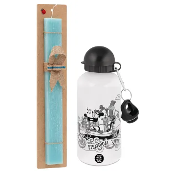 Mickey steamboat, Easter Set, metallic aluminum water bottle (500ml) & scented flat candle (30cm) (TURQUOISE)