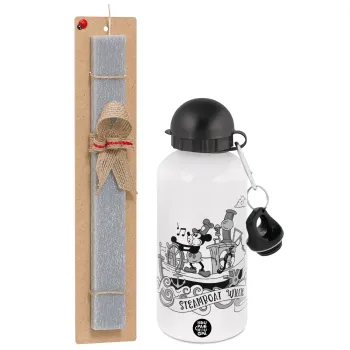 Mickey steamboat, Πασχαλινή Λαμπάδα με παγούρι μεταλλικό  αλουμινίου (500ml) & κερί αρωματικό πλακέ (30cm) (ΓΚΡΙ)