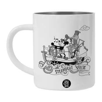 Mickey steamboat, Λευκή Ανοξείδωτη Μεταλλική Κούπα 450ml - Διπλού Τοιχώματος 
