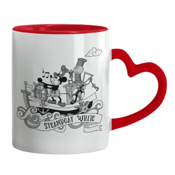 Mickey steamboat, Κούπα καρδιά χερούλι κόκκινη, κεραμική, 330ml