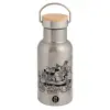 Stainless steel metallic thermos flask, silver with a bamboo lid, double-walled, 350ml.