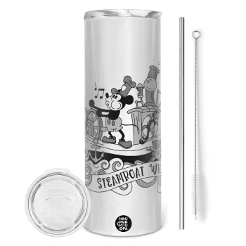 Mickey steamboat, Tumbler ποτήρι θερμό από ανοξείδωτο ατσάλι 600ml, με μεταλλικό καλαμάκι & βούρτσα καθαρισμού