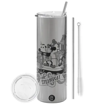 Mickey steamboat, Tumbler stainless steel Silver 600ml, with metal straw & cleaning brush