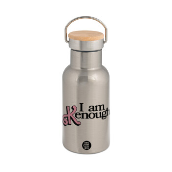Barbie, i am Kenough, Stainless steel metallic thermos flask, silver with a bamboo lid, double-walled, 350ml.