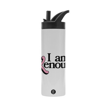 Barbie, i am Kenough, Μεταλλικό παγούρι θερμός με καλαμάκι & χειρολαβή, ανοξείδωτο ατσάλι (Stainless steel 304), διπλού τοιχώματος, 600ml