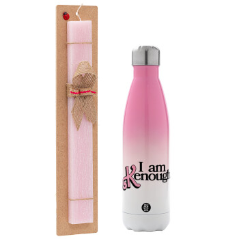 Barbie, i am Kenough, Πασχαλινή Λαμπάδα με Μεταλλικό παγούρι θερμός Ροζ/Λευκό (Stainless steel), διπλού τοιχώματος, 500ml & κερί αρωματικό πλακέ (30cm) (ΡΟΖ)