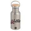 Stainless steel metallic thermos flask, silver with a bamboo lid, double-walled, 350ml.