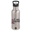Water bottle Silver with straw, stainless steel 600ml