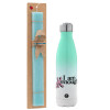 Easter Set, Metallic green/white thermos (Stainless steel), double-walled, 500ml & scented flat Easter candle (30cm) (TURQUOISE)