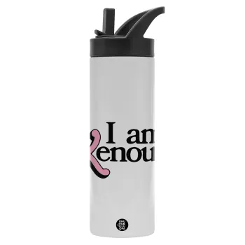 Barbie, i am Kenough, Μεταλλικό παγούρι θερμός με καλαμάκι & χειρολαβή, ανοξείδωτο ατσάλι (Stainless steel 304), διπλού τοιχώματος, 600ml