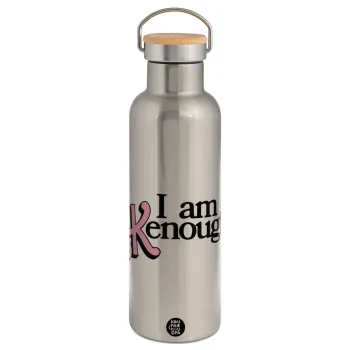 Barbie, i am Kenough, Μεταλλικό παγούρι θερμός (Stainless steel) Ασημένιο με ξύλινο καπακι (bamboo), διπλού τοιχώματος, 750ml