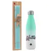 Easter Set, Metallic green/white thermos (Stainless steel), double-walled, 500ml & scented flat Easter candle (30cm) (TURQUOISE)