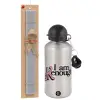 Easter Set, metallic silver aluminum water bottle (500ml) & aromatic flat Easter candle (30cm) (GRAY)